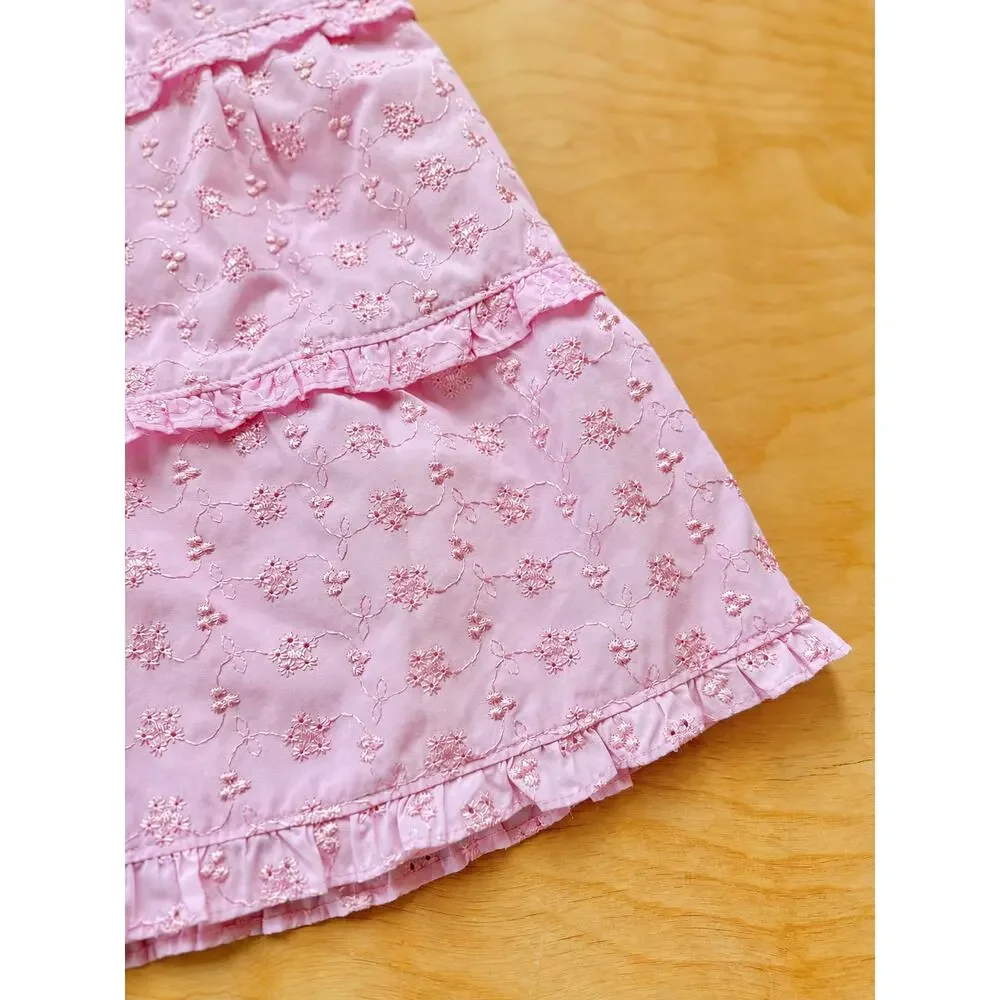 Penelope Mack Girls Size 5 Pink Eyelet Smocked Tiered Ruffle Dress Embroidered